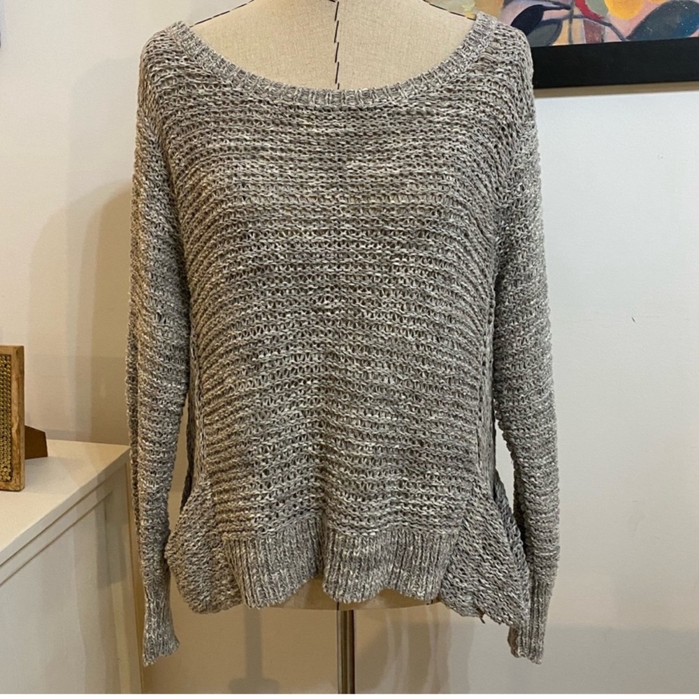 Eileen Fisher Petite Large Sweater Open Knit Side Pockets Wide Neck‎ Gray White